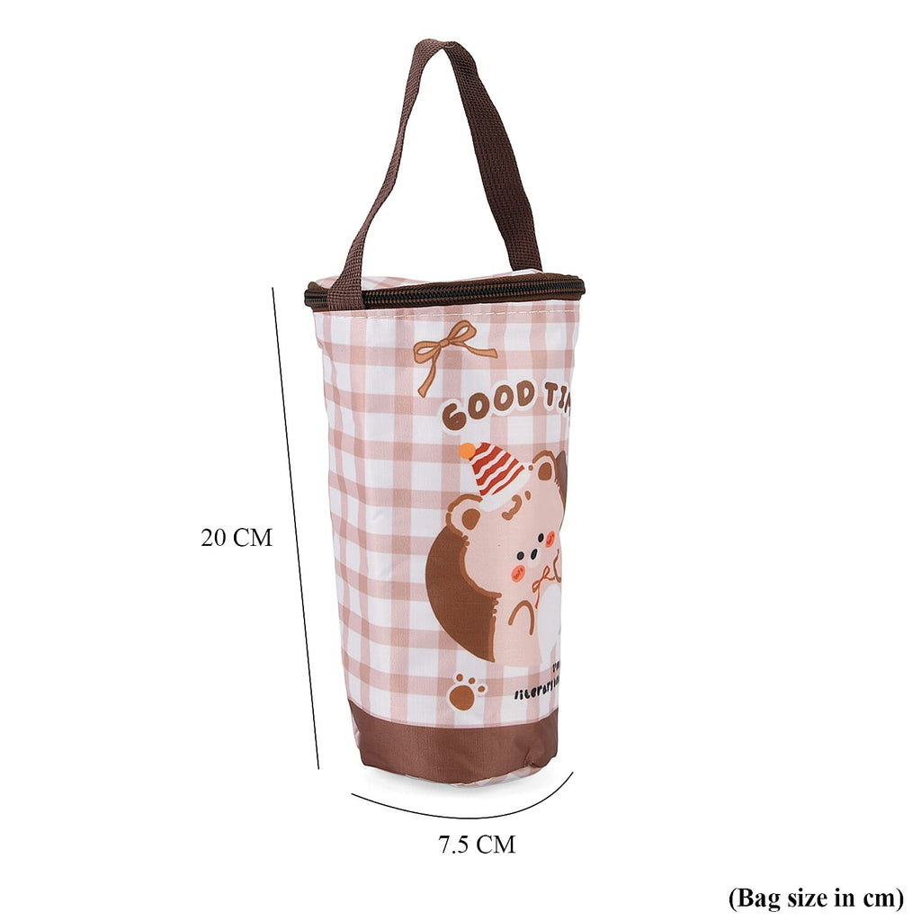 Cute Cartoon Print Insulated Tumbler Travel Mug Bag with Handle & Straw Hole - Coffee & White