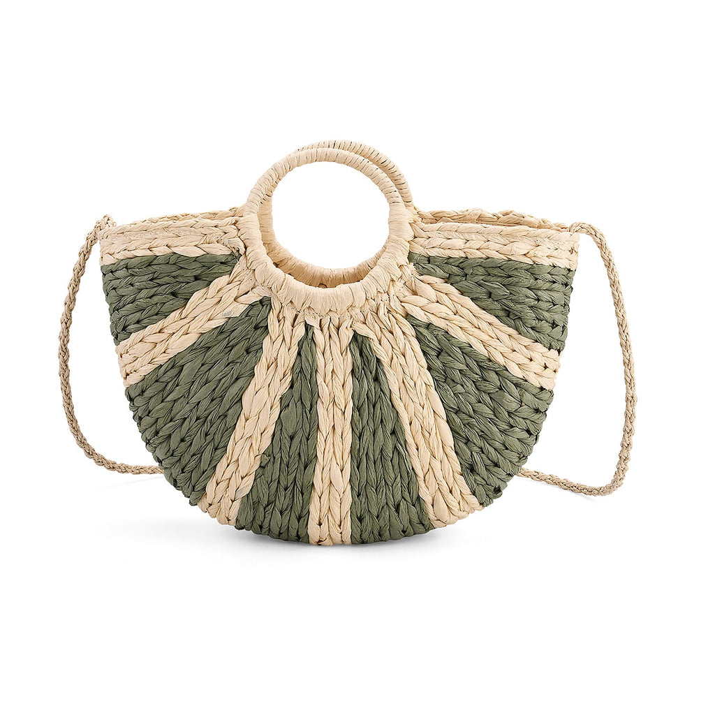 Retro Semi-circle Stripe Straw Beach Handbag - Green