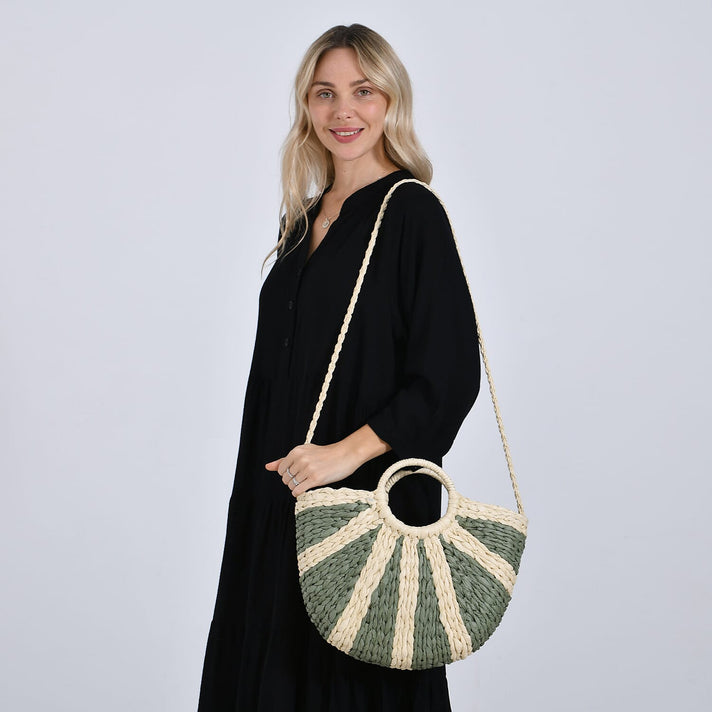 Retro Semi-circle Stripe Straw Beach Handbag - Red 8044570 2