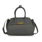 Genuine Leather Structured Top Handle Handbag with Gold Clasp & Shoulder Strap - Green