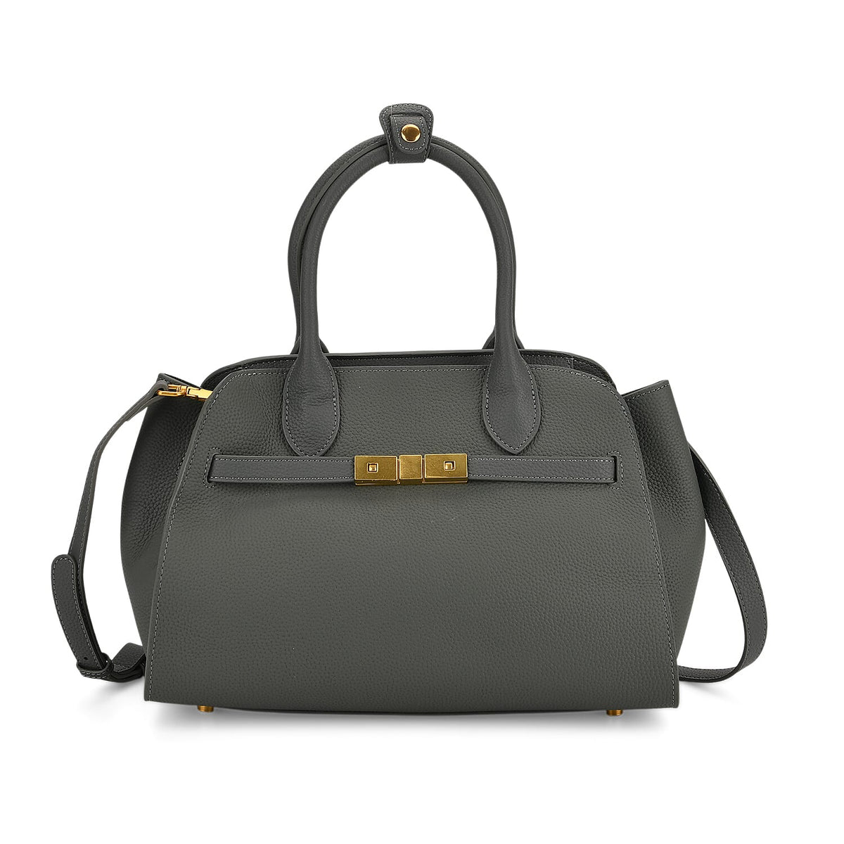 Genuine Leather Structured Top Handle Handbag with Gold Clasp &amp; Shoulder Strap - Green 8163417 0
