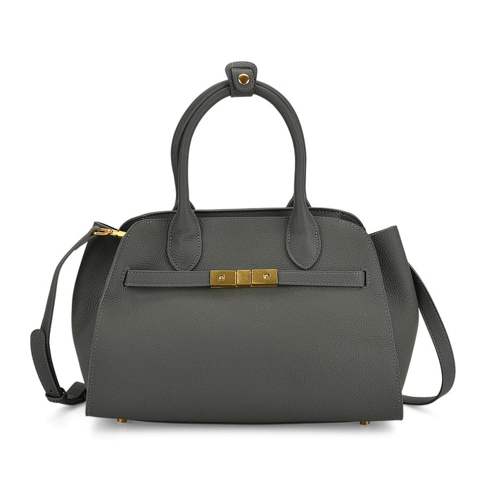 Genuine Leather Structured Top Handle Handbag with Gold Clasp &amp; Shoulder Strap - Brown 8163418 1