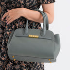 Genuine Leather Structured Top Handle Handbag with Gold Clasp & Shoulder Strap - Green