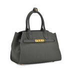 Genuine Leather Structured Top Handle Handbag with Gold Clasp & Shoulder Strap - Green