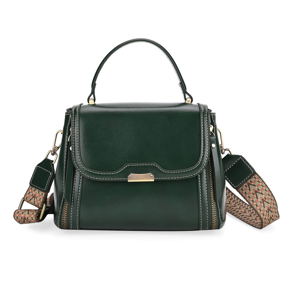 Genuine Leather Top Handle Satchel Bag with Adjustable Long Shoulder Straps - Dark Green