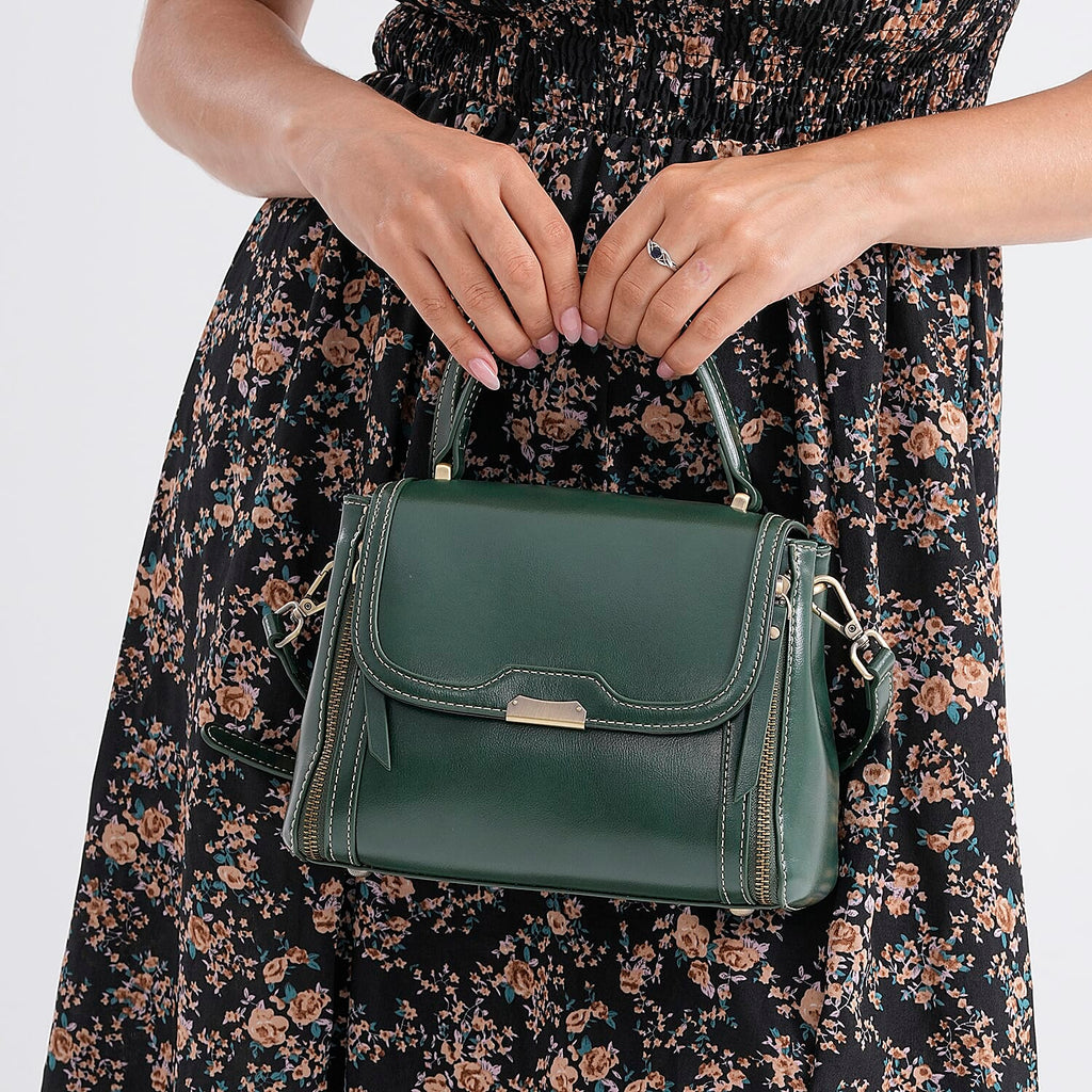 Genuine Leather Top Handle Satchel Bag with Adjustable Long Shoulder Straps - Dark Green