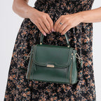 Genuine Leather Top Handle Satchel Bag with Adjustable Long Shoulder Straps - Dark Green