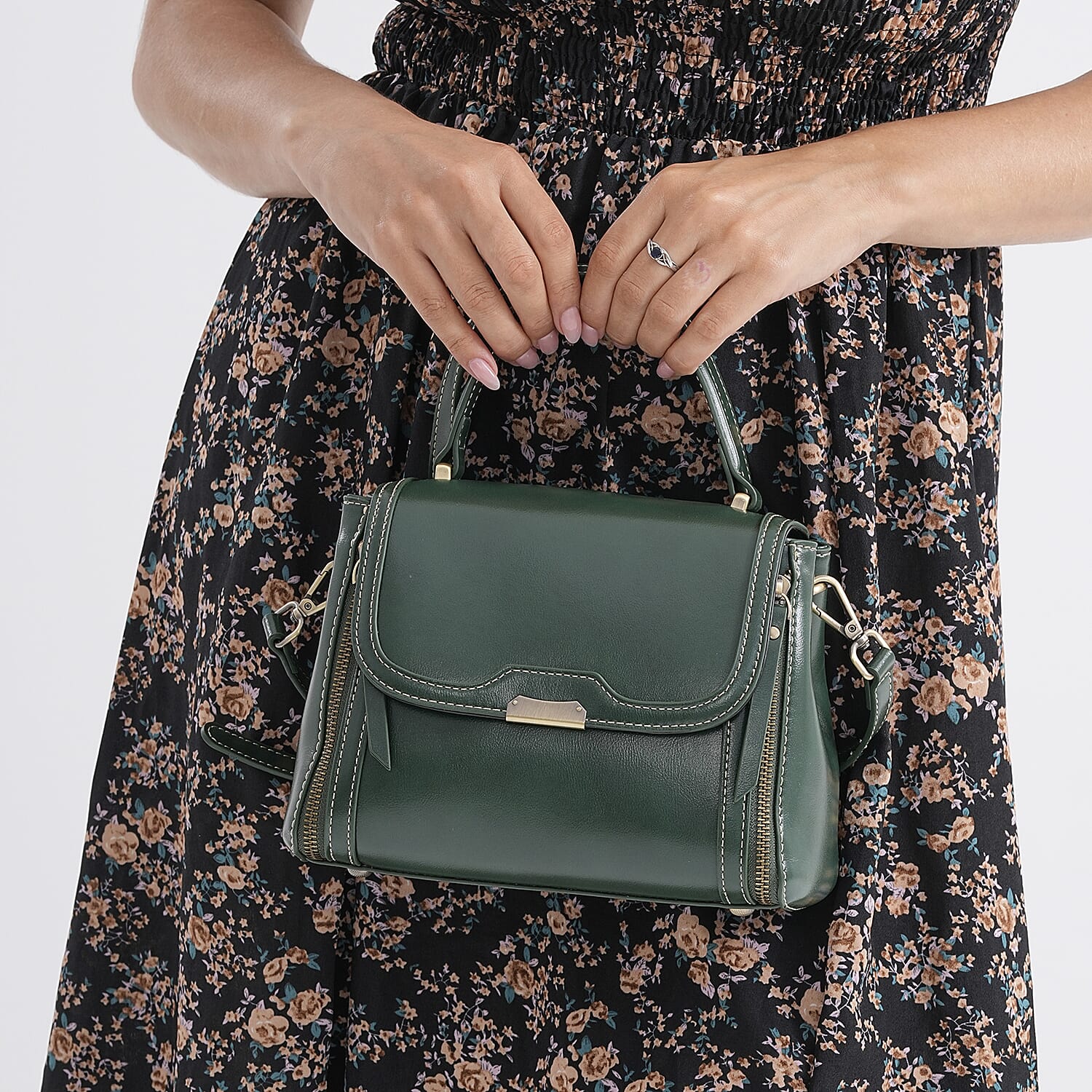 Genuine Leather Top Handle Satchel Bag with Adjustable Long Shoulder Straps - Dark Green 8164097 3