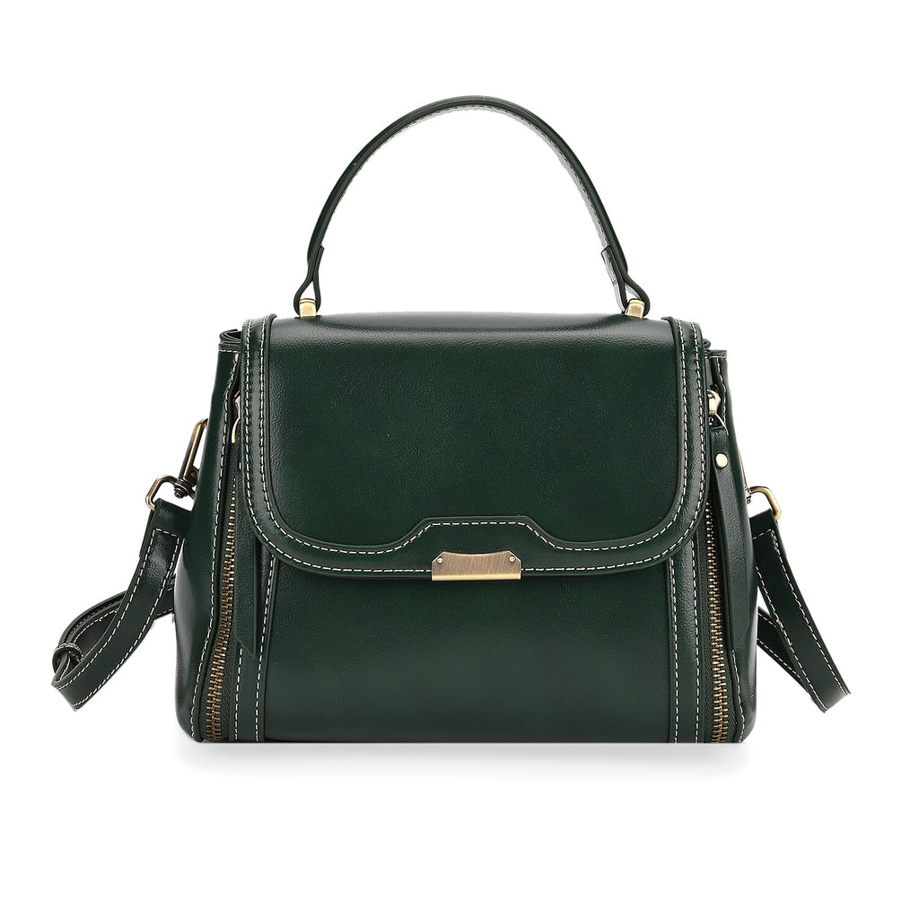 Genuine Leather Top Handle Satchel Bag with Adjustable Long Shoulder Straps - Dark Green