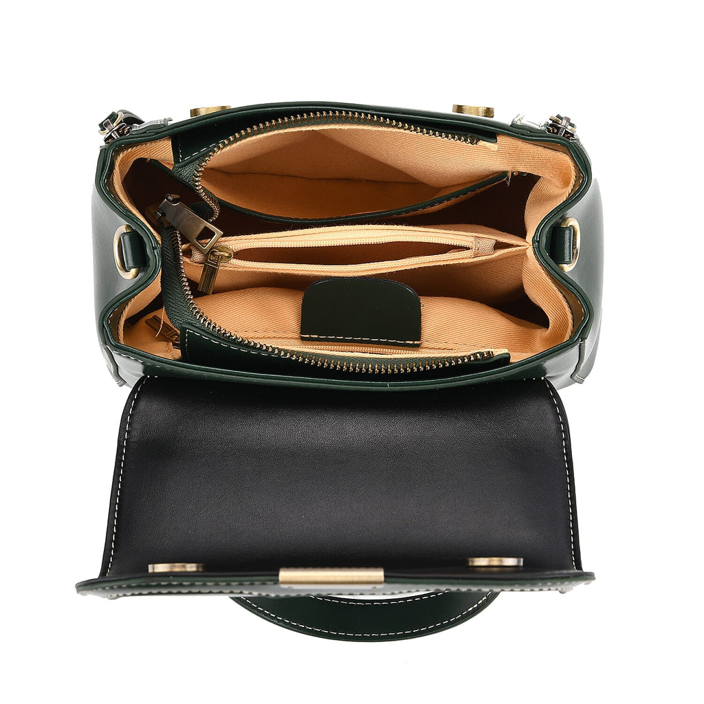 Genuine Leather Top Handle Satchel Bag with Adjustable Long Shoulder Straps - Dark Green