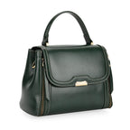 Genuine Leather Top Handle Satchel Bag with Adjustable Long Shoulder Straps - Dark Green