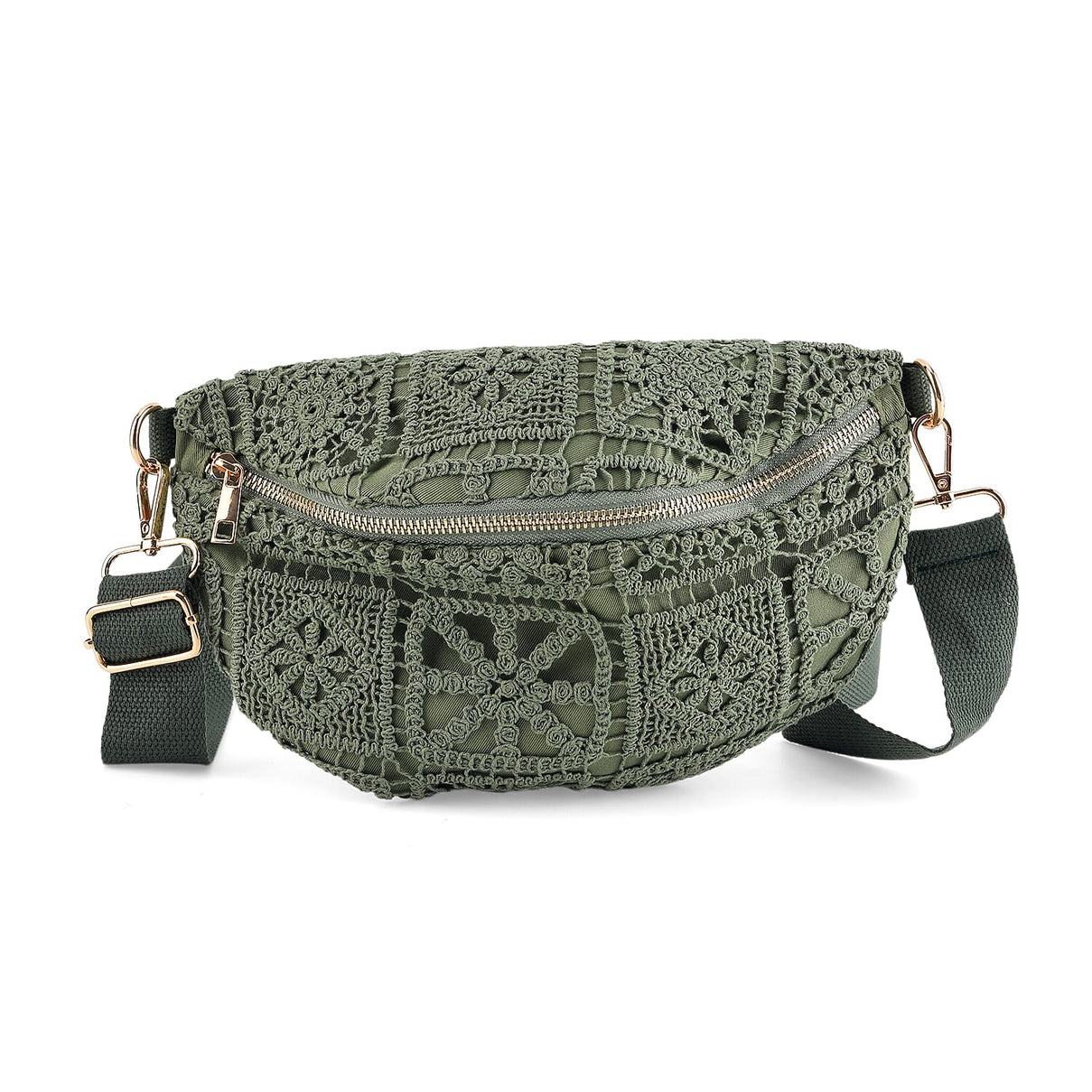 Crochet Crescent Sling Bag with Adjustable Strap - Green V32372705 0