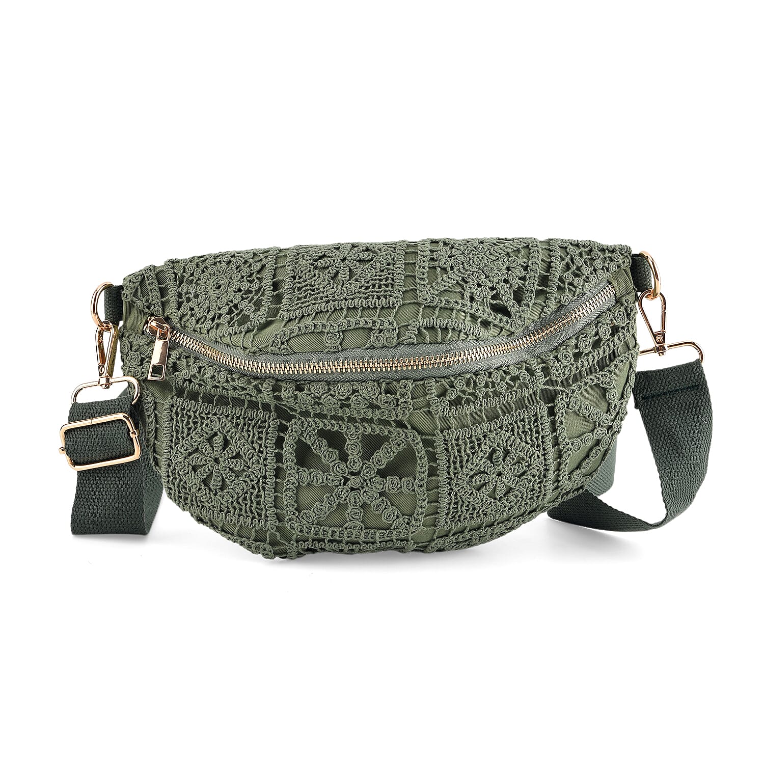 Crochet Crescent Sling Bag with Adjustable Strap - Green V32372705 0