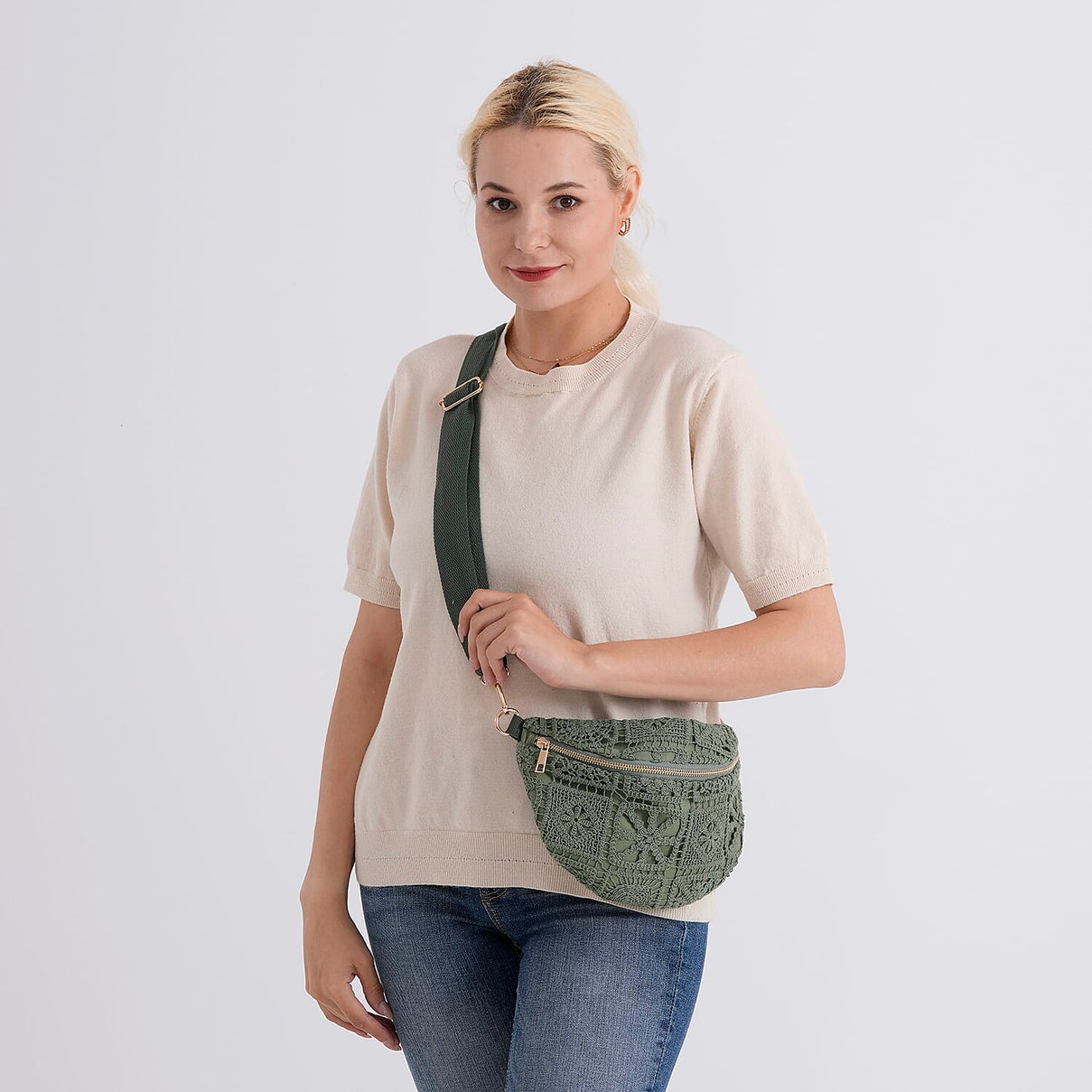 Crochet Crescent Sling Bag with Adjustable Strap - Green V32372705 2