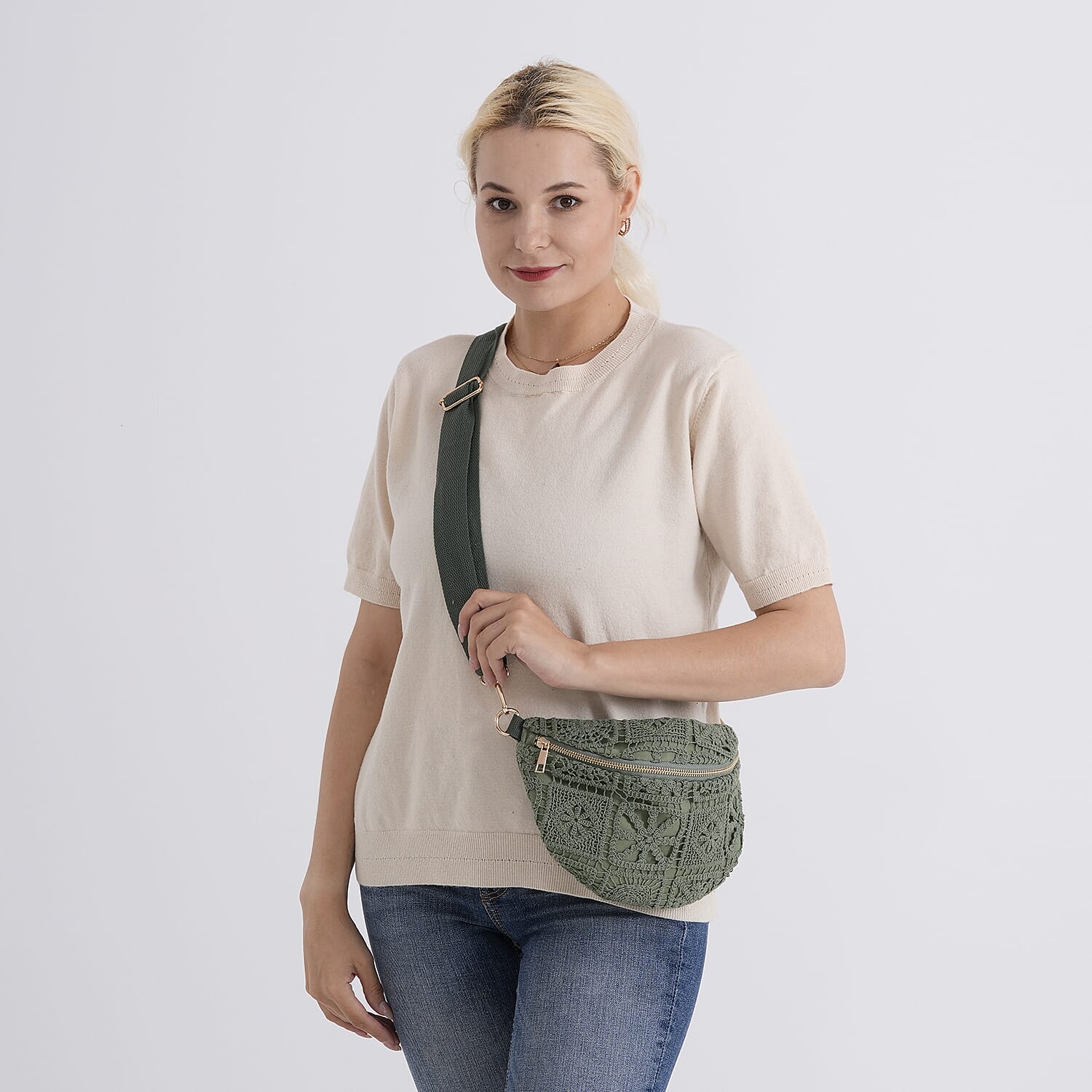Crochet Crescent Sling Bag with Adjustable Strap - Green V32372705 2