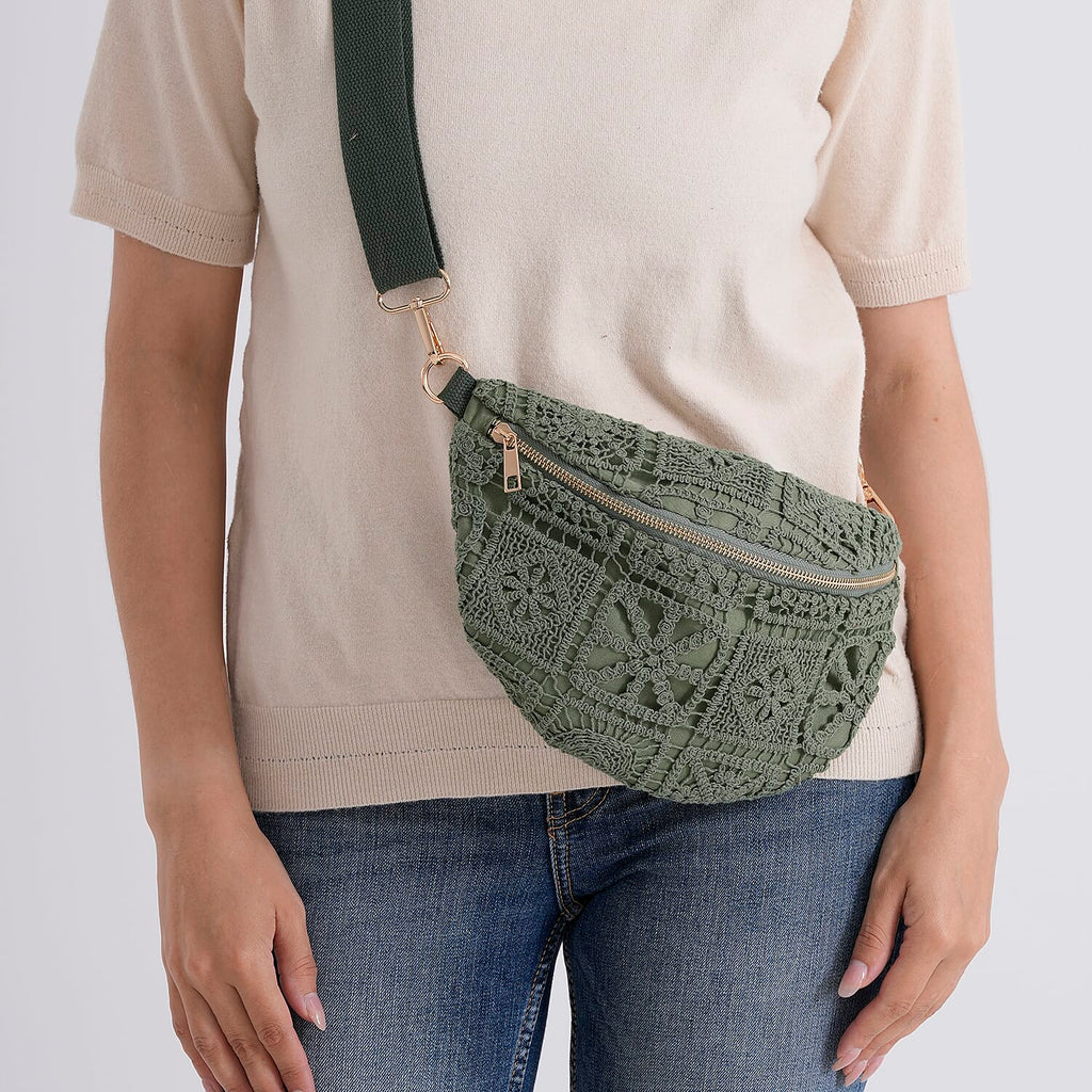 Crochet Crescent Sling Bag with Adjustable Strap - Green