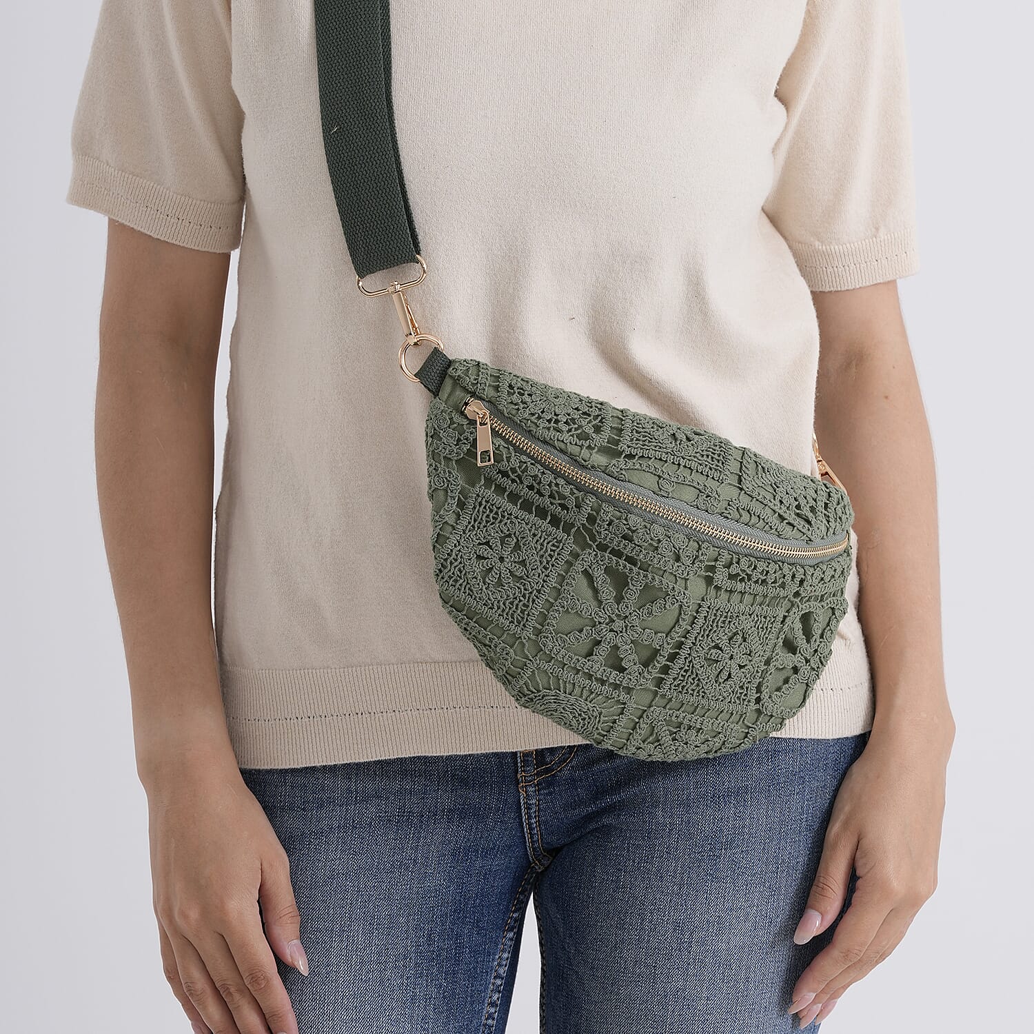 Crochet Crescent Sling Bag with Adjustable Strap - Green V32372705 3