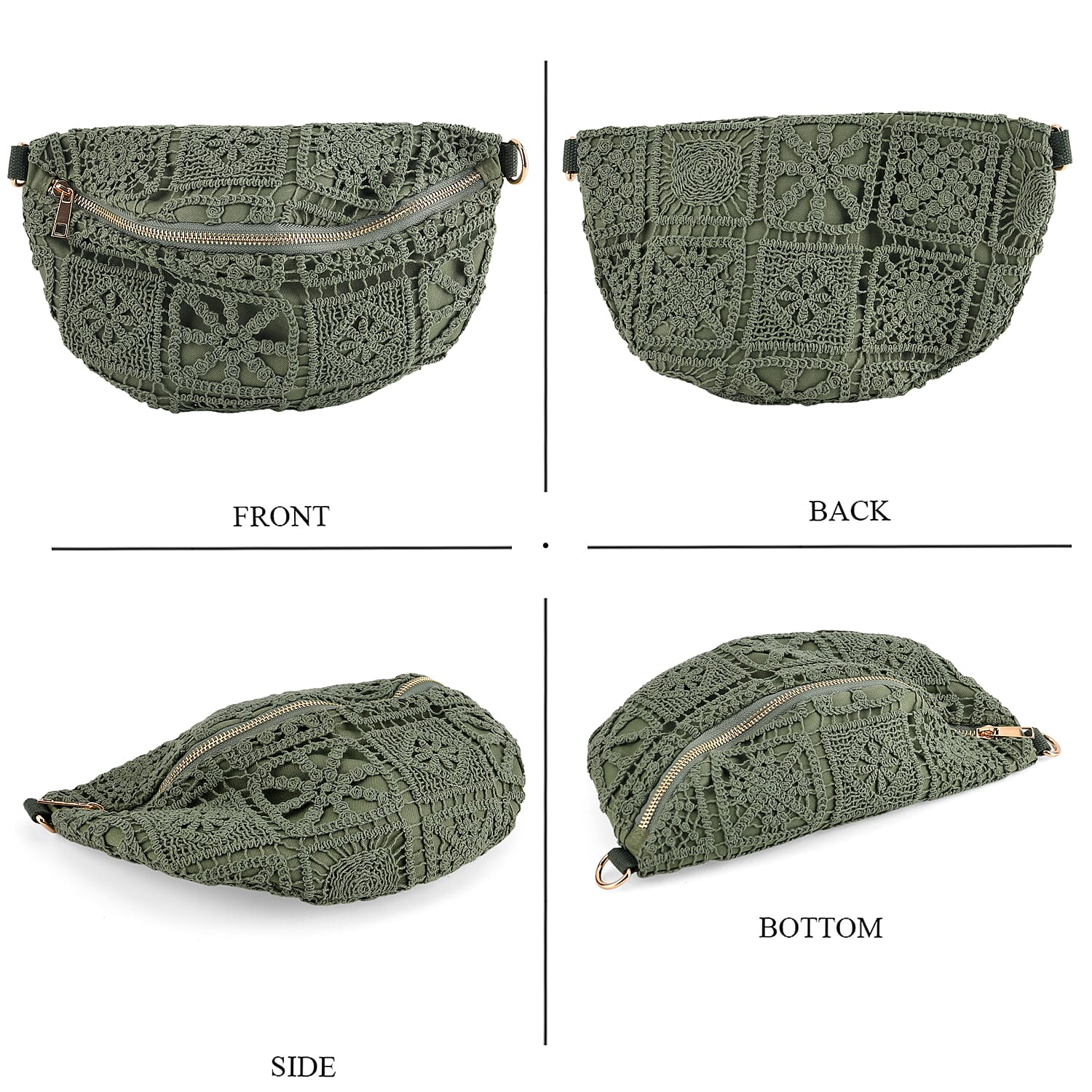 Crochet Crescent Sling Bag with Adjustable Strap - Green V32372705 4