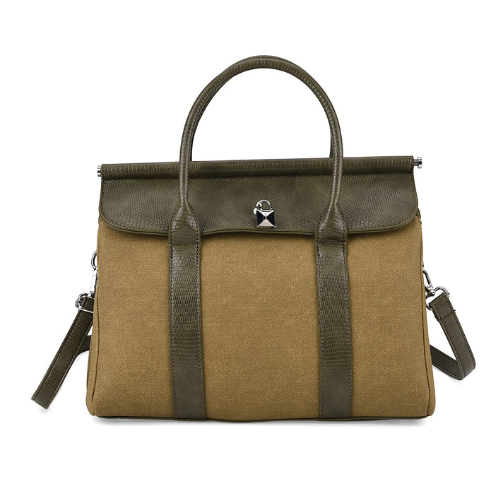 Elegant Herringbone Lined Satchel Handbag with Adjustable Strap - Olive Green 8413843 1