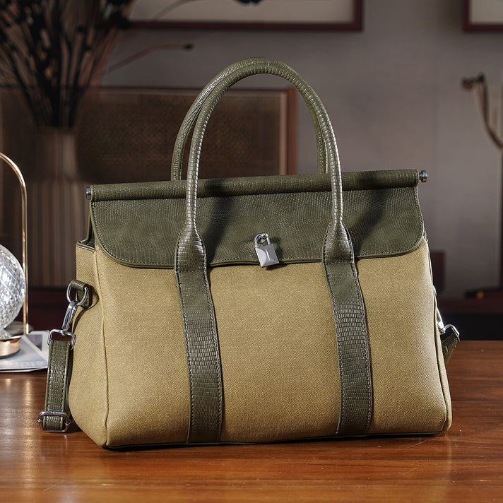 Elegant Herringbone Lined Satchel Handbag with Adjustable Strap - Olive Green 8413843 2