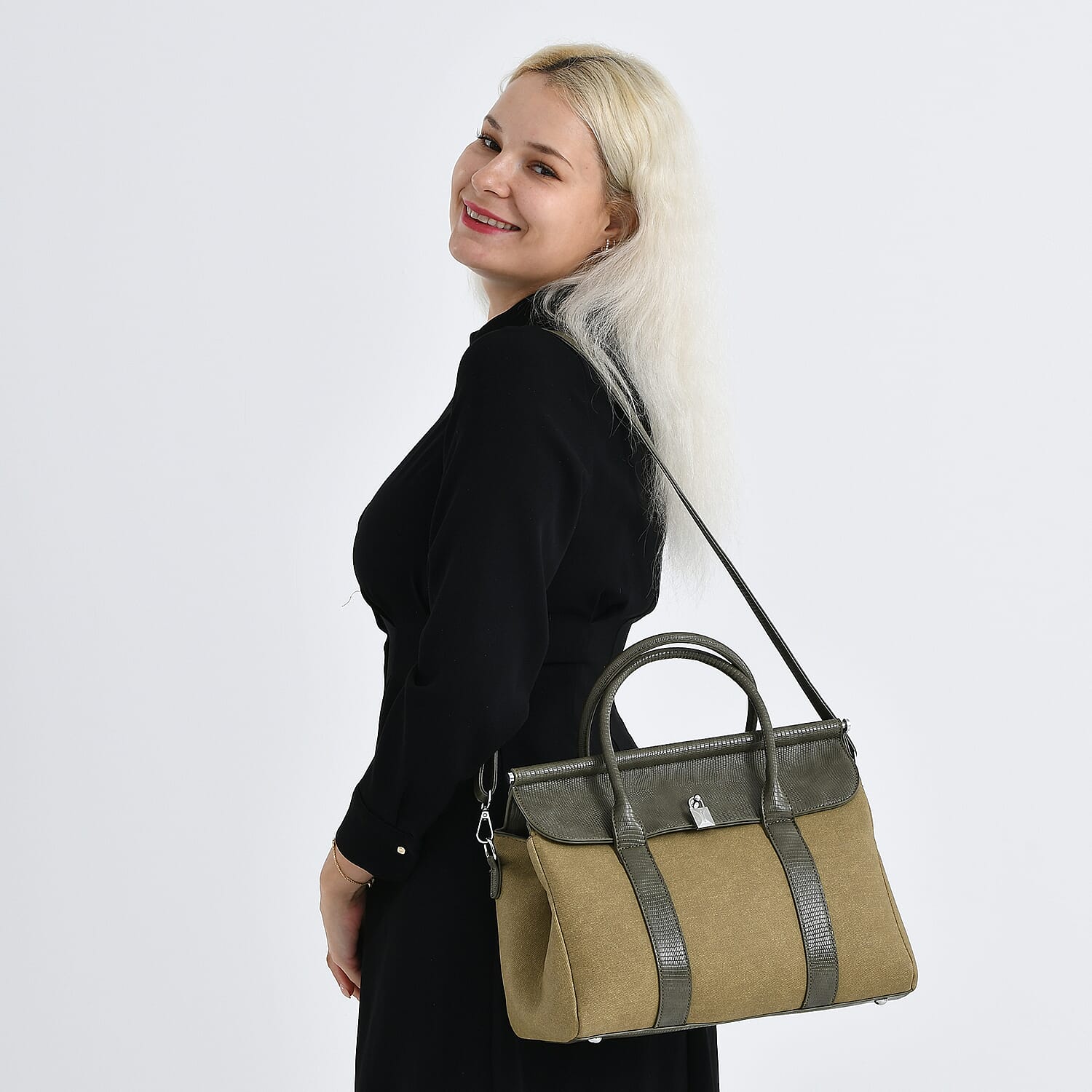 Elegant Herringbone Lined Satchel Handbag with Adjustable Strap - Olive Green 8413843 3