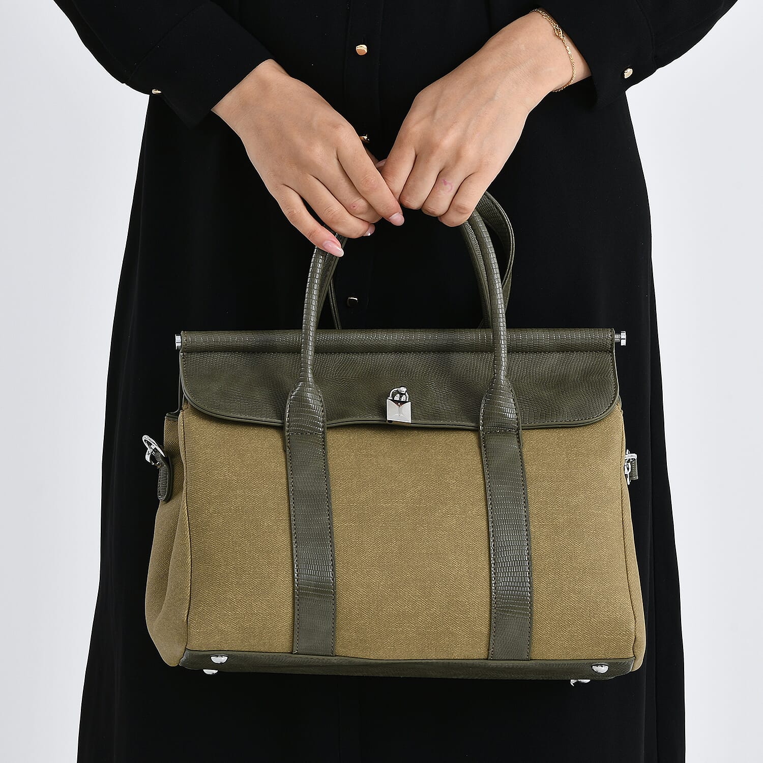 Elegant Herringbone Lined Satchel Handbag with Adjustable Strap - Olive Green 8413843 4