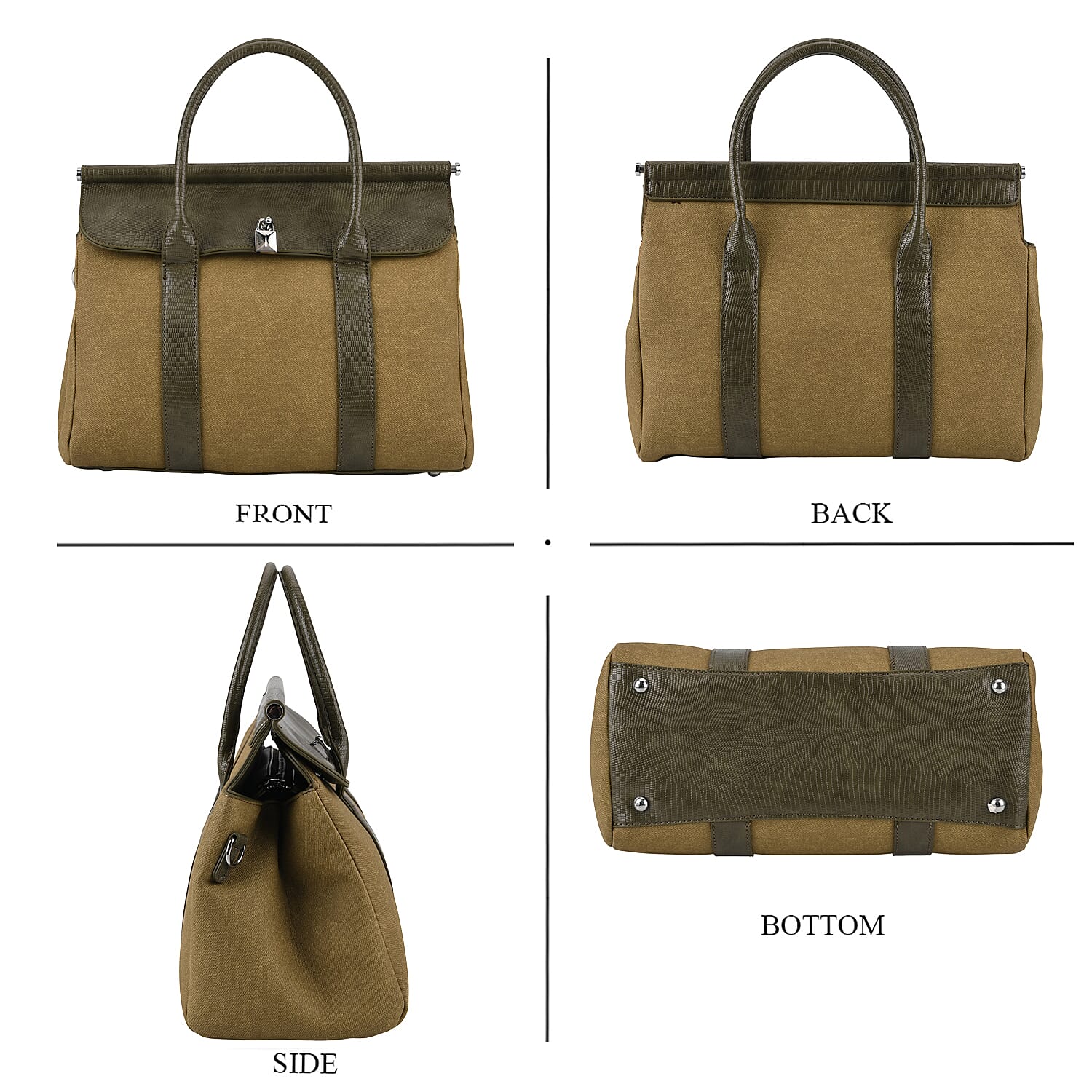 Elegant Herringbone Lined Satchel Handbag with Adjustable Strap - Olive Green 8413843 5