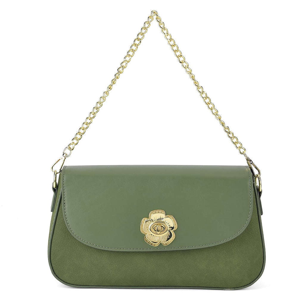 Designer Inspired - Convertible Clutch & Baguette Shoulder Bag with Chain Strap - Pine Green