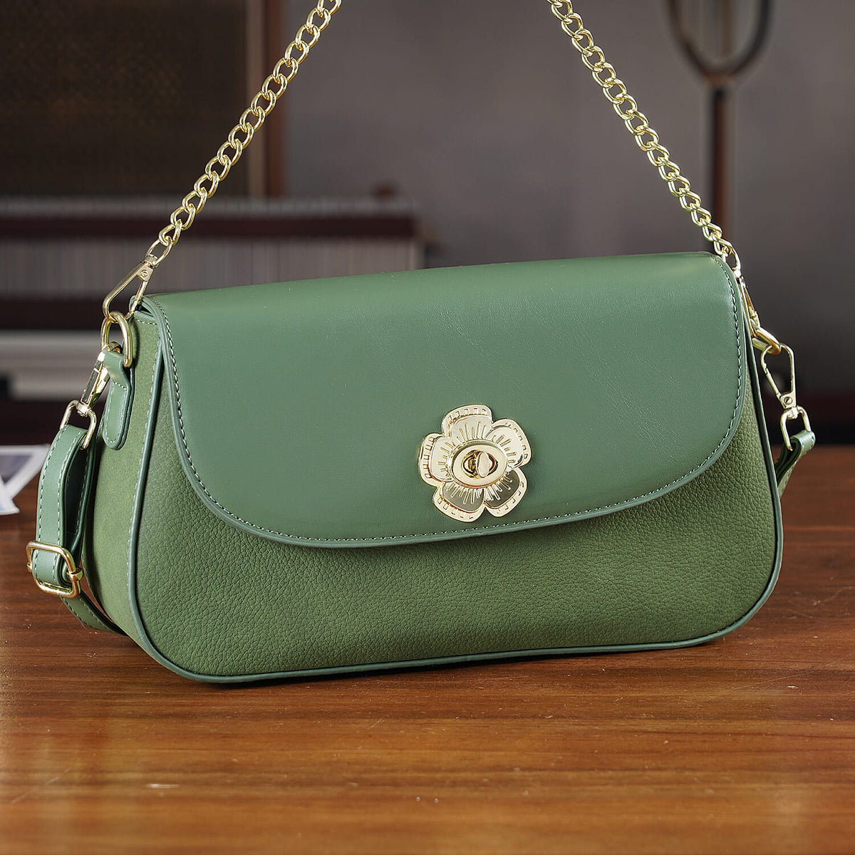 Designer Inspired - Convertible Clutch &amp; Baguette Shoulder Bag with Chain Strap - Pine Green V32537522 2