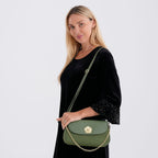 Designer Inspired - Convertible Clutch & Baguette Shoulder Bag with Chain Strap - Pine Green