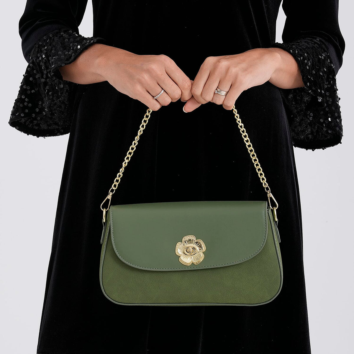 Designer Inspired - Convertible Clutch &amp; Baguette Shoulder Bag with Chain Strap - Pine Green V32537522 4