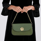 Designer Inspired - Convertible Clutch & Baguette Shoulder Bag with Chain Strap - Pine Green