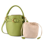 Designer Inspired Genuine Leather Bucket Bag with Internal Drawstring Pouch & Shoulder Strap - Green