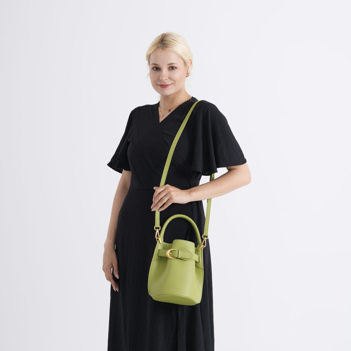 Designer Inspired Finest Italian Leather Bucket Bag with Internal Drawstring Pouch &amp; Shoulder Strap - Green 8479761 3