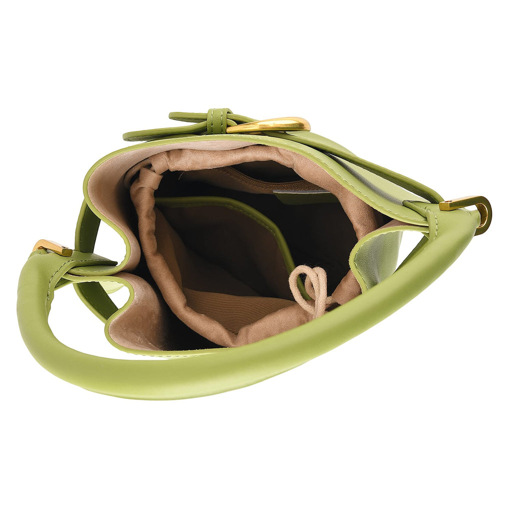 Designer Inspired Genuine Leather Bucket Bag with Internal Drawstring Pouch & Shoulder Strap - Green