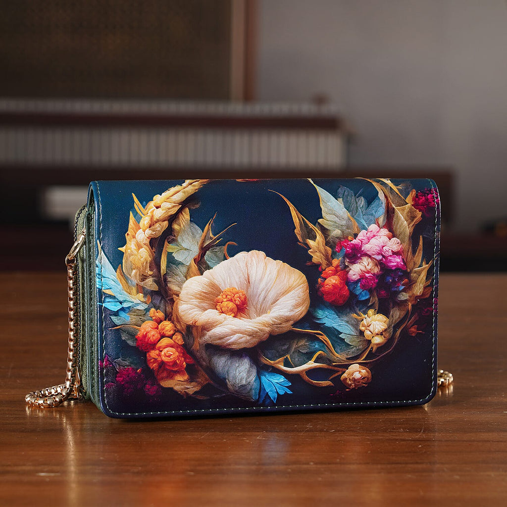 Designer-Inspired RFID-Protected Flower Print Shoulder Bag with a Magnetic Detachable Wallet - Chain Strap included  - Cornish Floral
