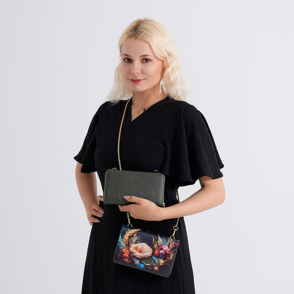 Designer-Inspired RFID-Protected Flower Print Shoulder Bag with a Magnetic Detachable Wallet - Chain Strap included  - Cornish Floral