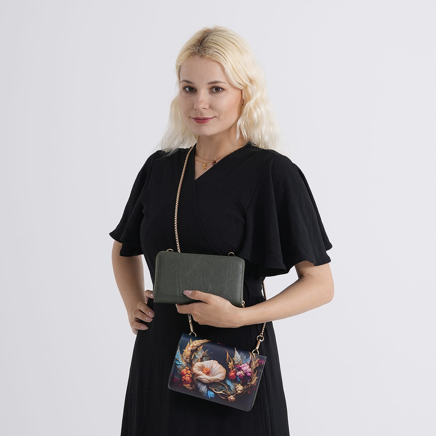 Designer-Inspired RFID-Protected Flower Print Shoulder Bag with a Magnetic Detachable Wallet - Chain Strap included  - Cornish Floral V32519683 3