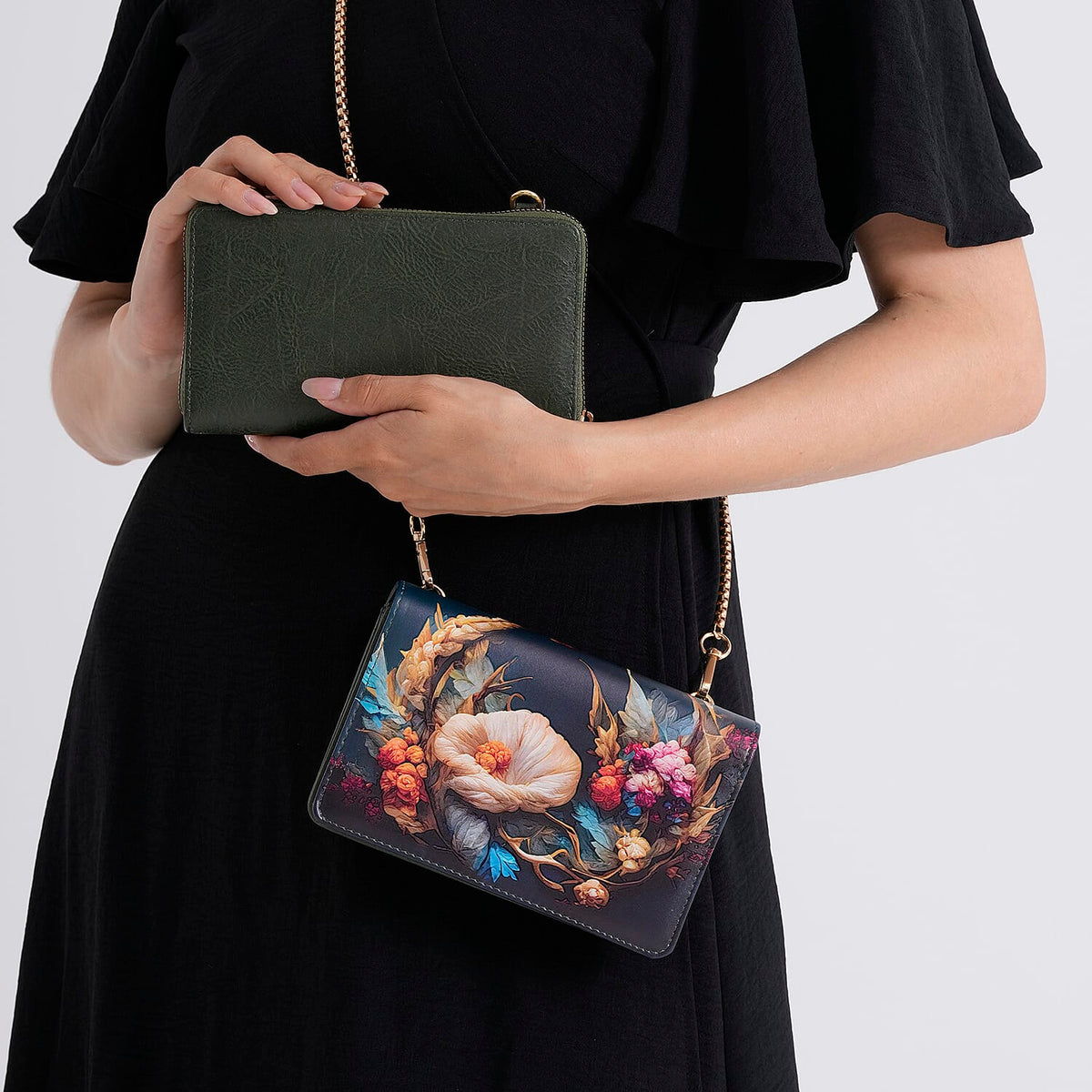 Designer-Inspired RFID-Protected Flower Print Shoulder Bag with a Magnetic Detachable Wallet - Chain Strap included  - Cornish Floral V32519683 4