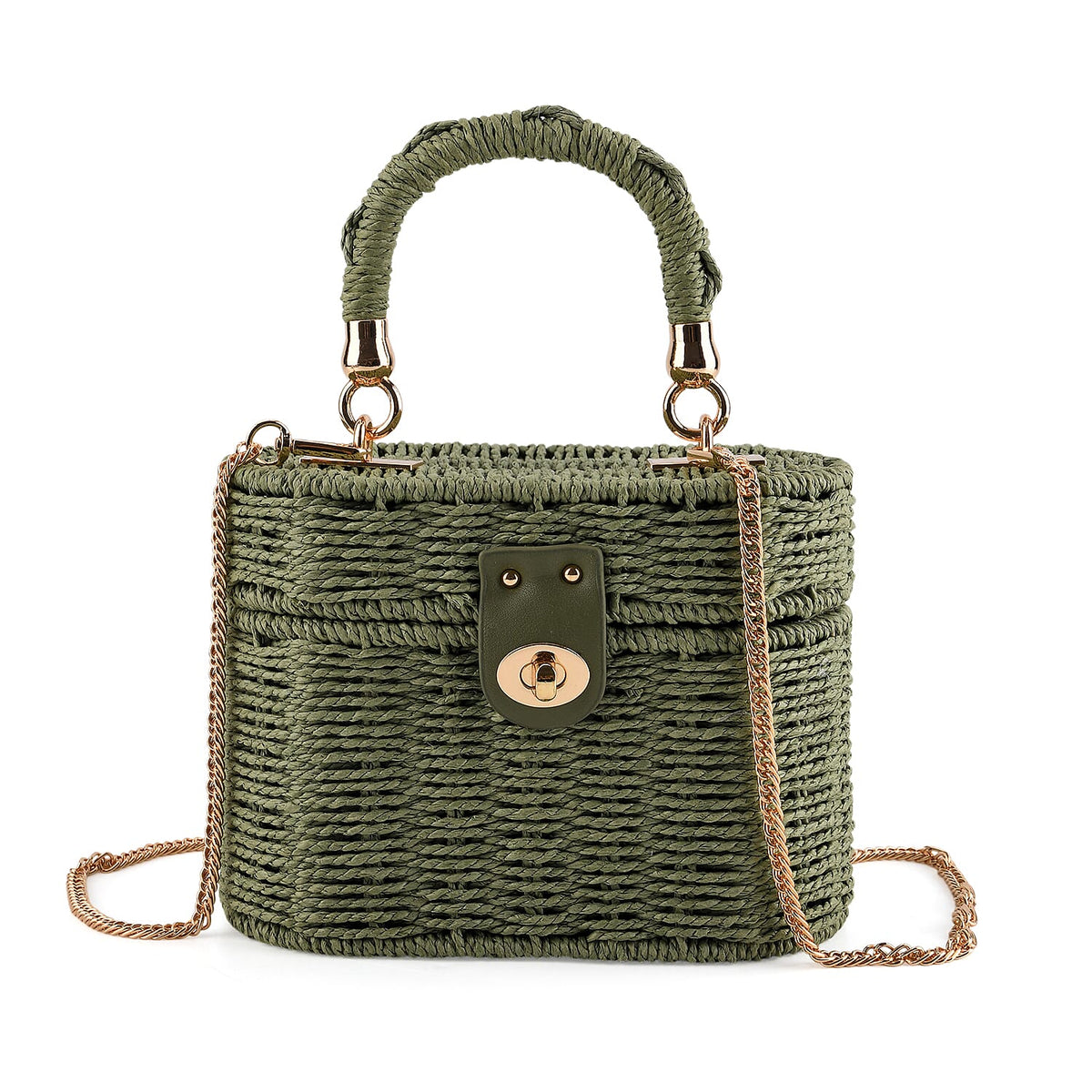 Vintage Style Straw Box Bag with Twist-Lock Clasp &amp; Gold Chain Strap - Green. V32514179 0