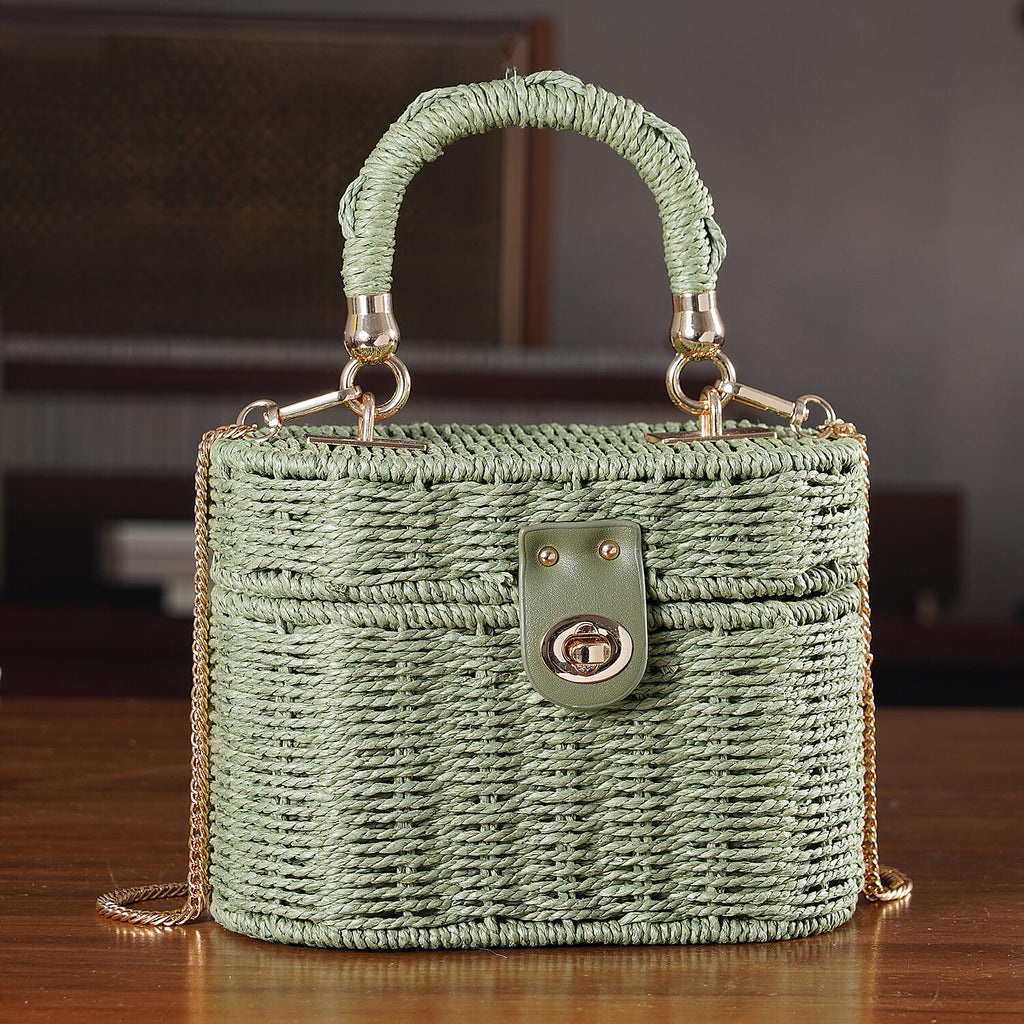 Vintage Style Straw Box Bag with Twist-Lock Clasp & Gold Chain Strap - Green