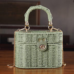 Vintage Style Straw Box Bag with Twist-Lock Clasp & Gold Chain Strap - Green