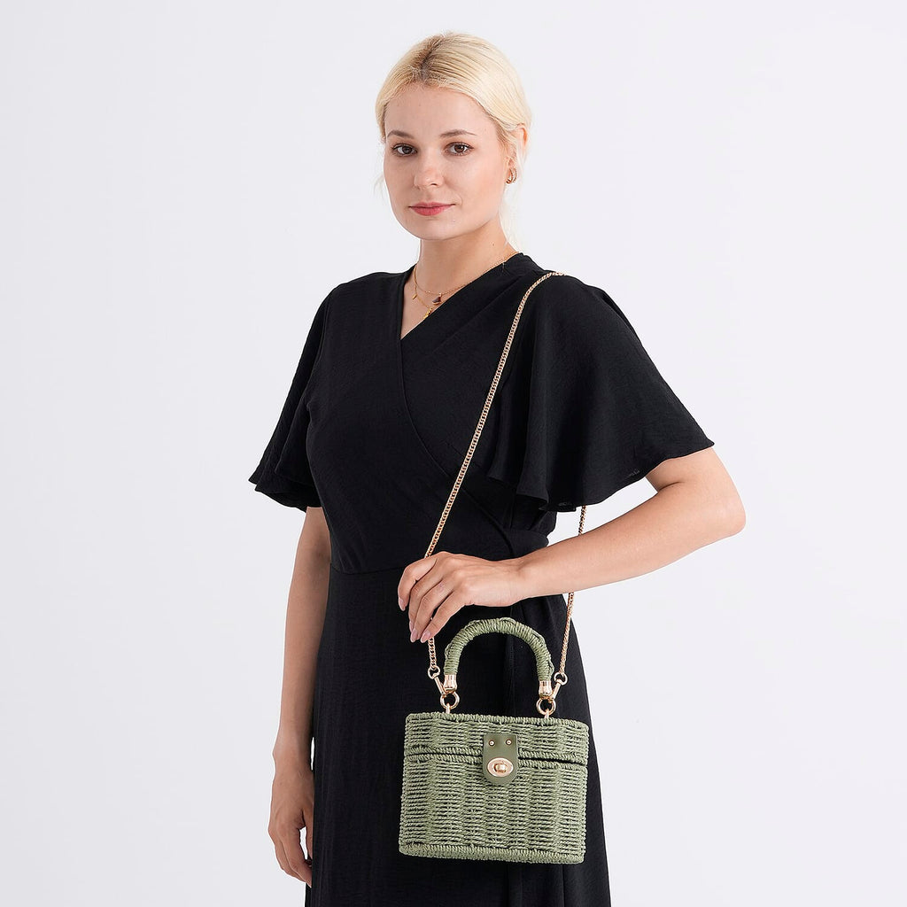 Vintage Style Straw Box Bag with Twist-Lock Clasp & Gold Chain Strap - Green