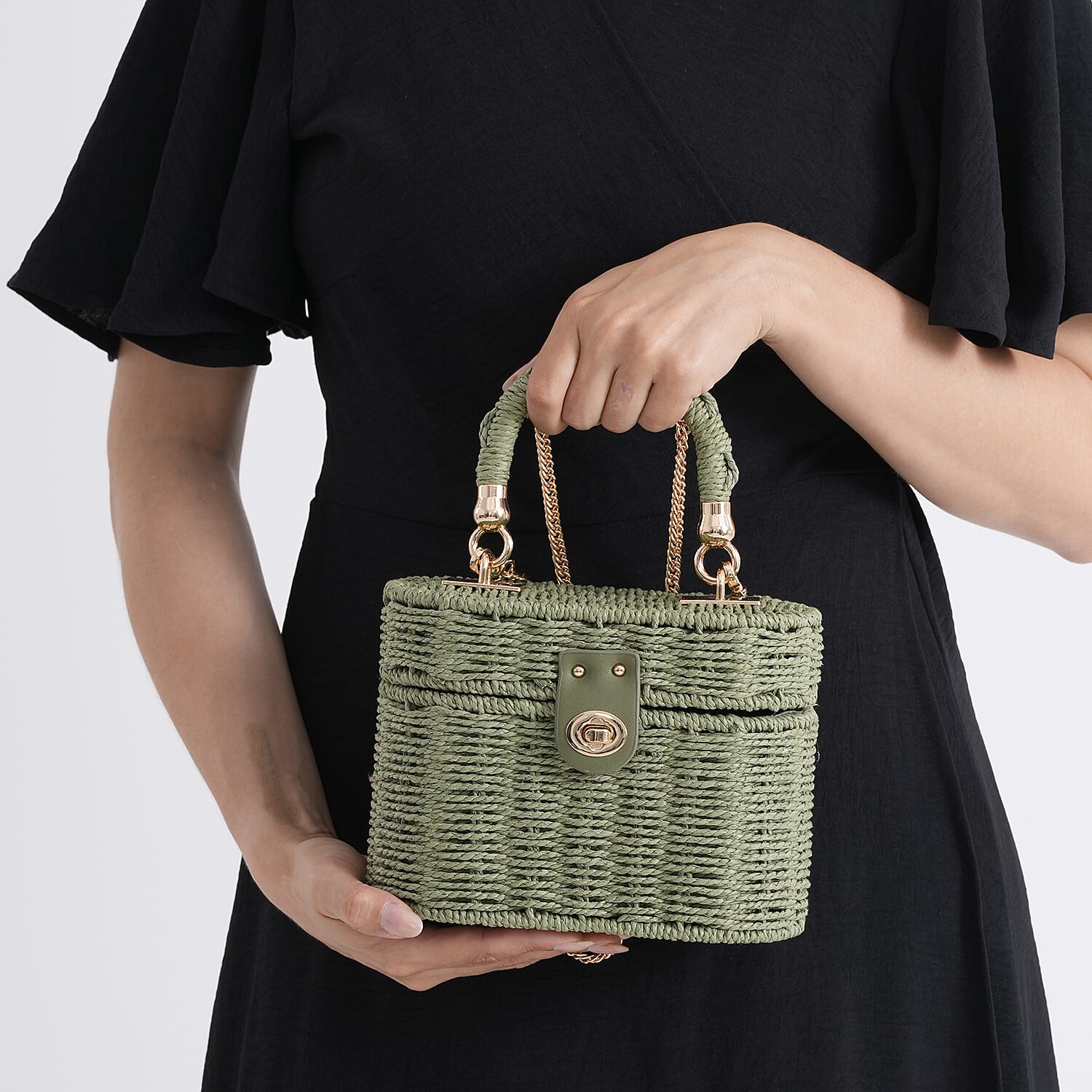 Vintage Style Straw Box Bag with Twist-Lock Clasp &amp; Gold Chain Strap - Green. V32514179 4