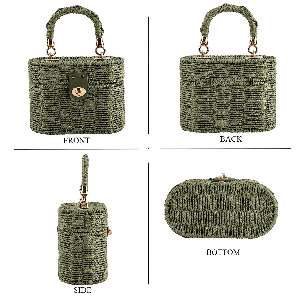 Vintage Style Straw Box Bag with Twist-Lock Clasp & Gold Chain Strap - Green