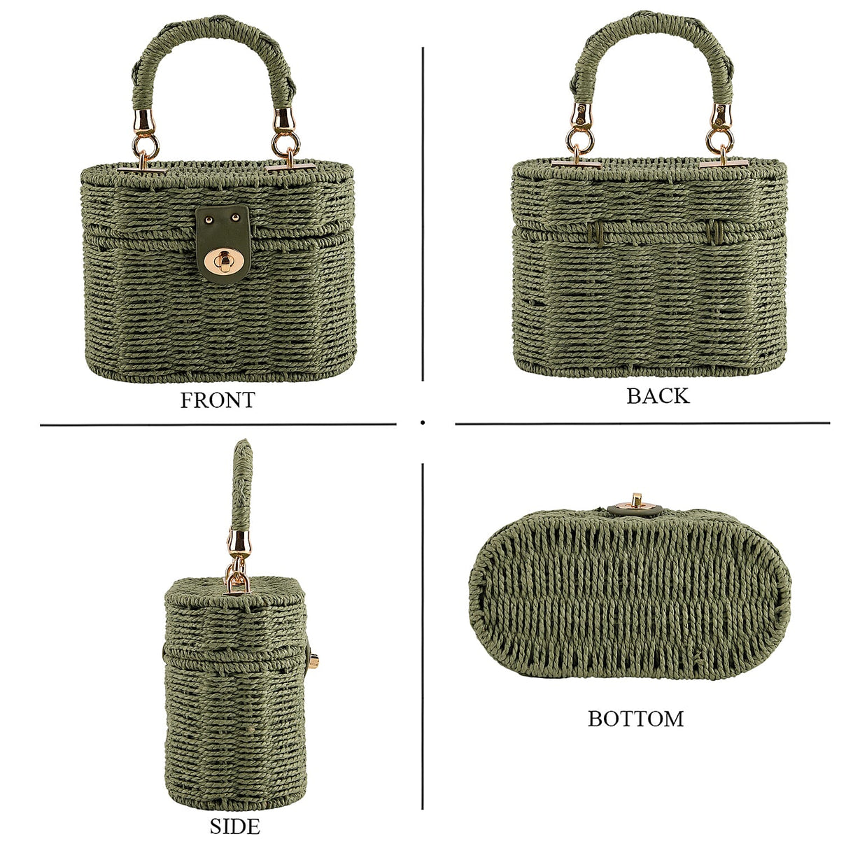 Vintage Style Straw Box Bag with Twist-Lock Clasp &amp; Gold Chain Strap - Green. V32514179 5