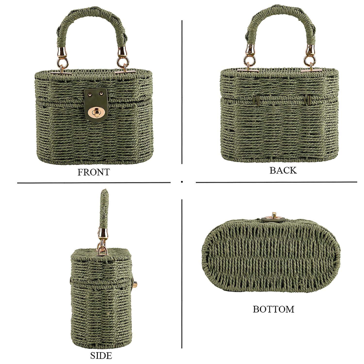 Vintage Style Straw Box Bag with Twist-Lock Clasp &amp; Gold Chain Strap - Green. V32514179 5