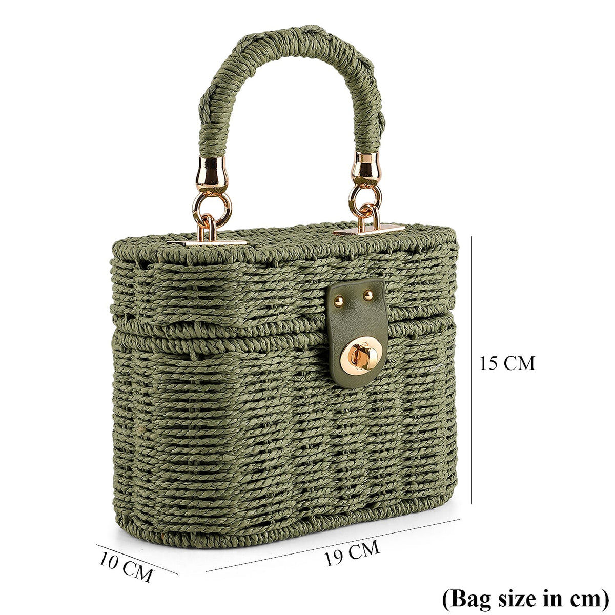 Vintage Style Straw Box Bag with Twist-Lock Clasp &amp; Gold Chain Strap - Green. V32514179 7