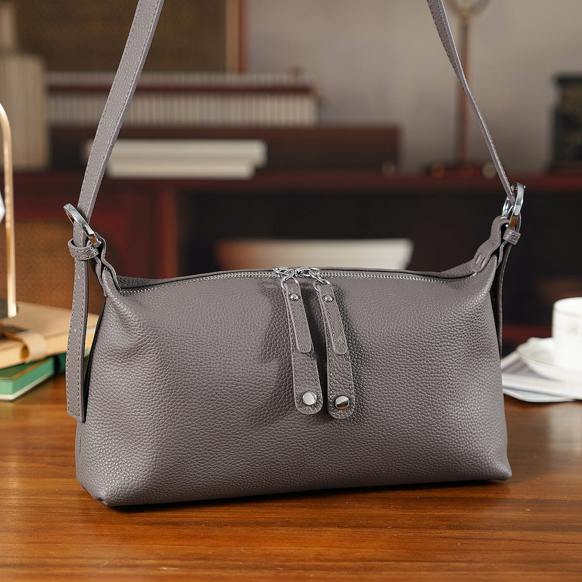100% Genuine Leather  Full Grain Crossbody Bag with Adjustable Strap - Grey 8160705 2