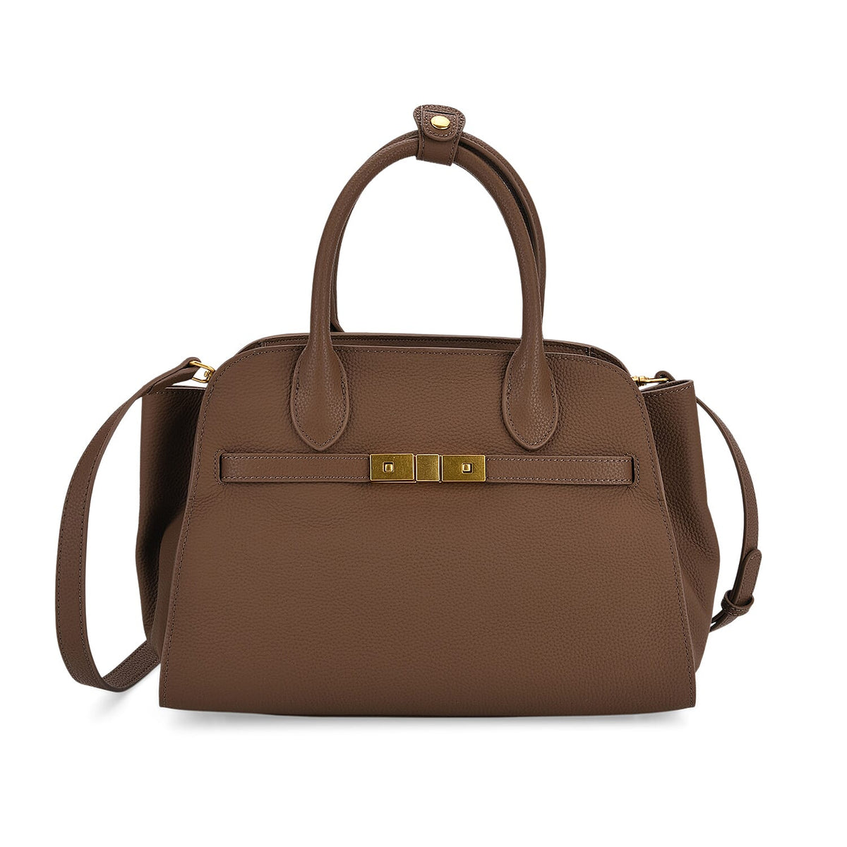 Genuine Leather Structured Top Handle Handbag with Gold Clasp &amp; Shoulder Strap - Khaki V32521625 0